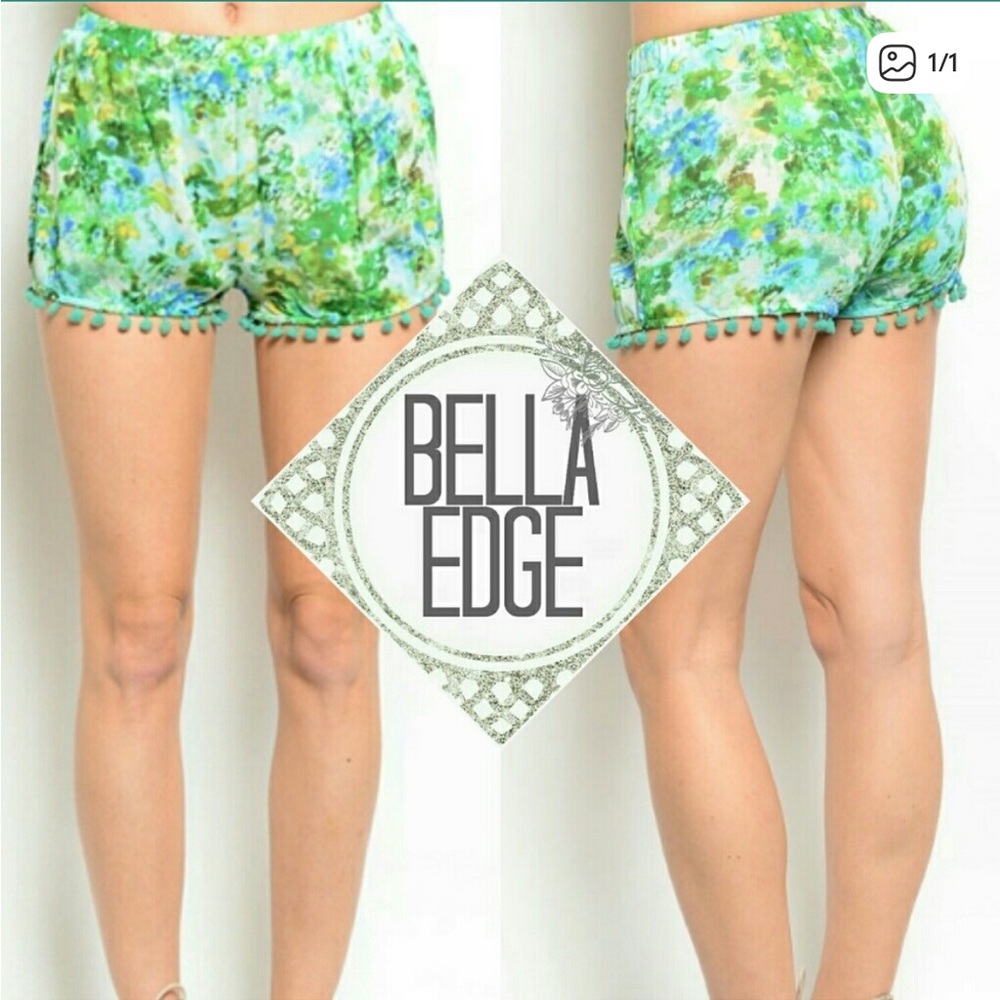 Green and Blue Watercolor Pom Pom Detail Shorts